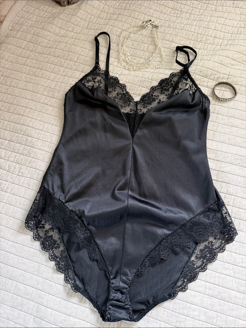 Bestform Vtg 80’s 36 black lace trim nylon lingerie bodysuit whimsy goth